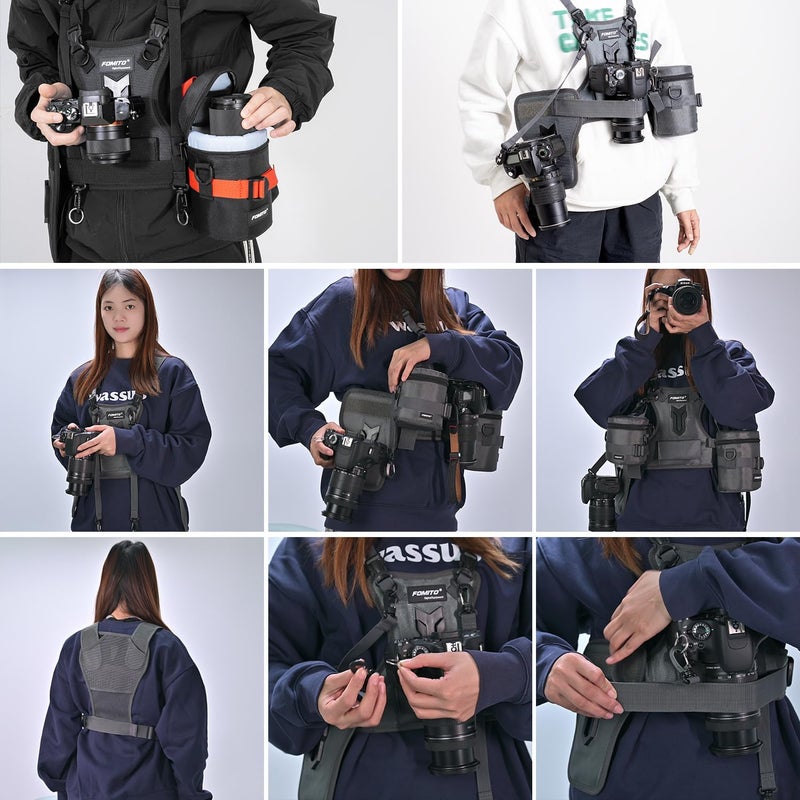 FOMITO Dual Camera Harness, Multi Carrying Radio Chest Vest System with Side Holster for Canon 6D 600D 5D2 5D3 for Nikon D90 for Sony A7S for Panasonic for Olympus DSLR Cameras Climbing Wedding Travel - Image 4